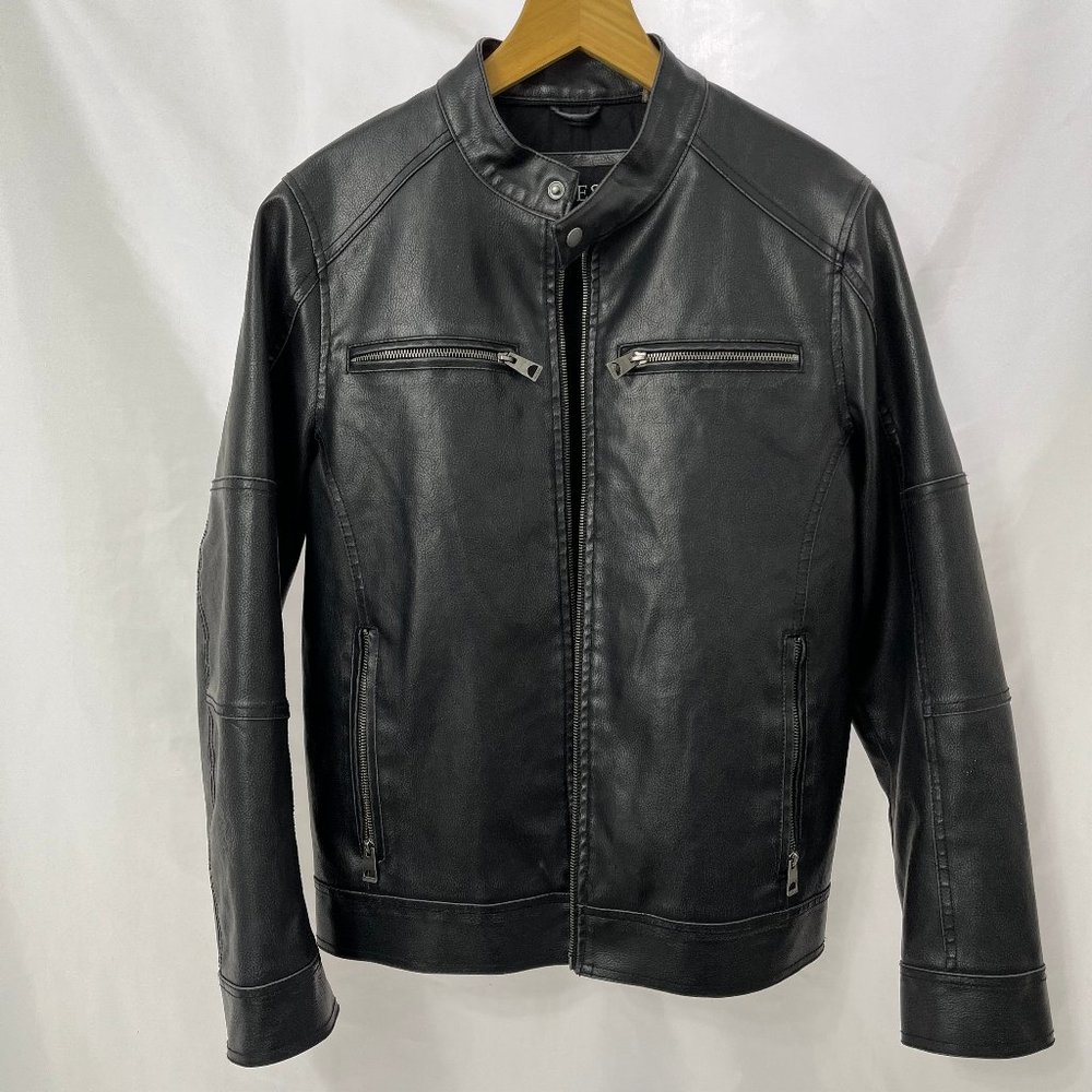 GUESS Men's Faux Leather Hooded Moto Jacket - Black, Size S (2016)
